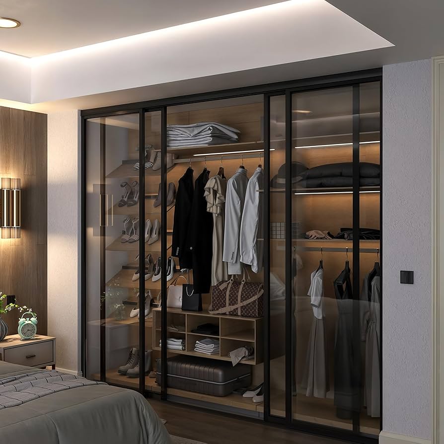 Door55 4 Panel Glass Sliding Closet Door with Aluminum Frame